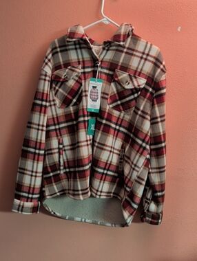 Plaid Hooded Jean Jacket in Cream, Red & Brown